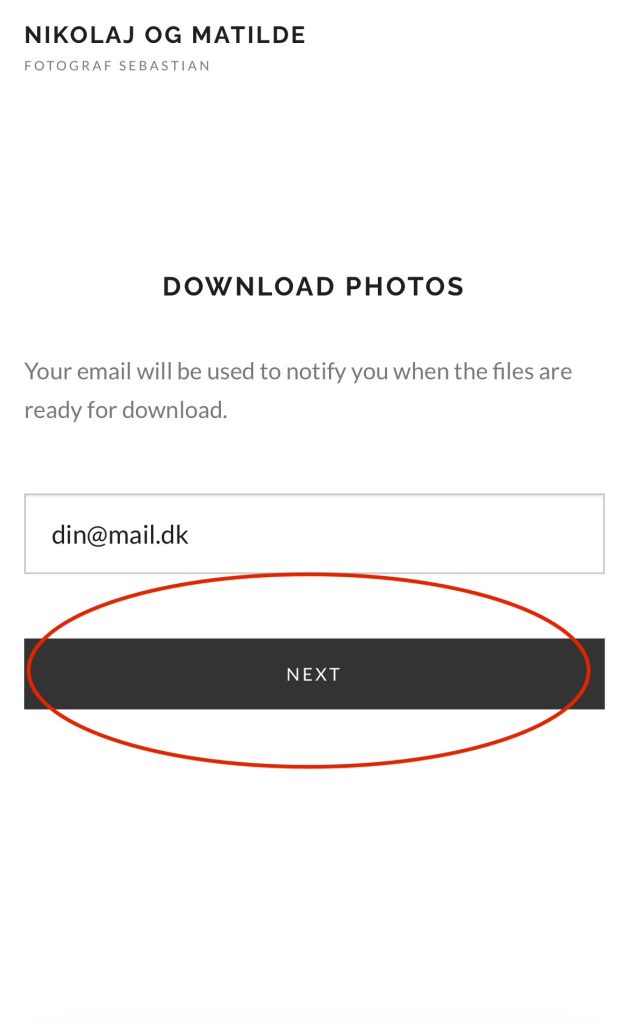Feltet til e-mail og knappen Next i Pixieset