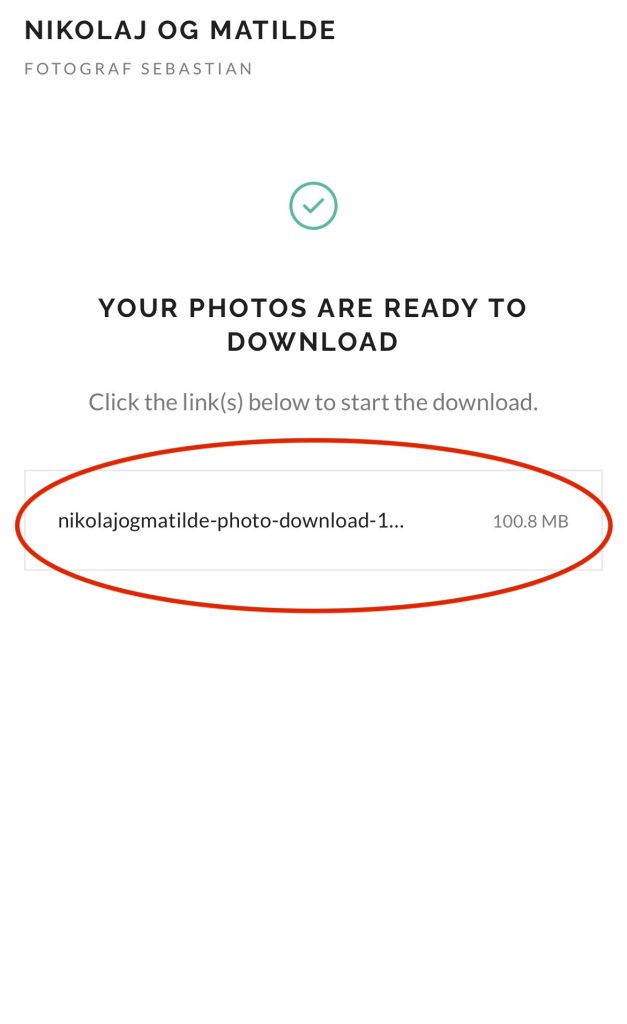 Pixieset viser at billederne er klar med et link til zip-filen