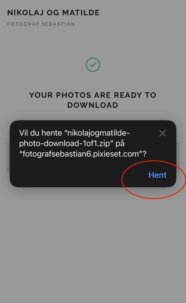 Safari spørger om filen skal hentes, med knappen Hent markeret