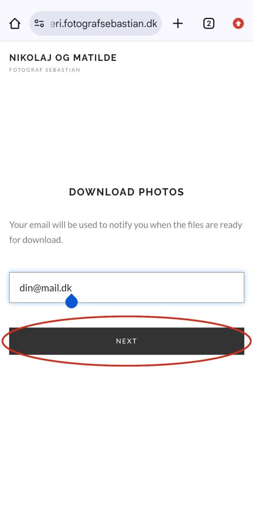 Feltet til e-mail og knappen Next i Pixieset