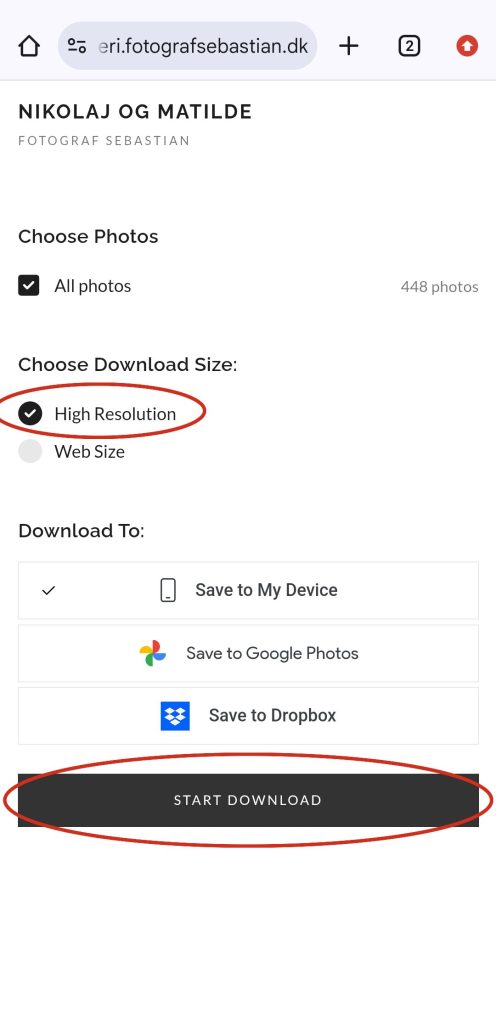 High Resolution og Start Download markeret i Pixieset