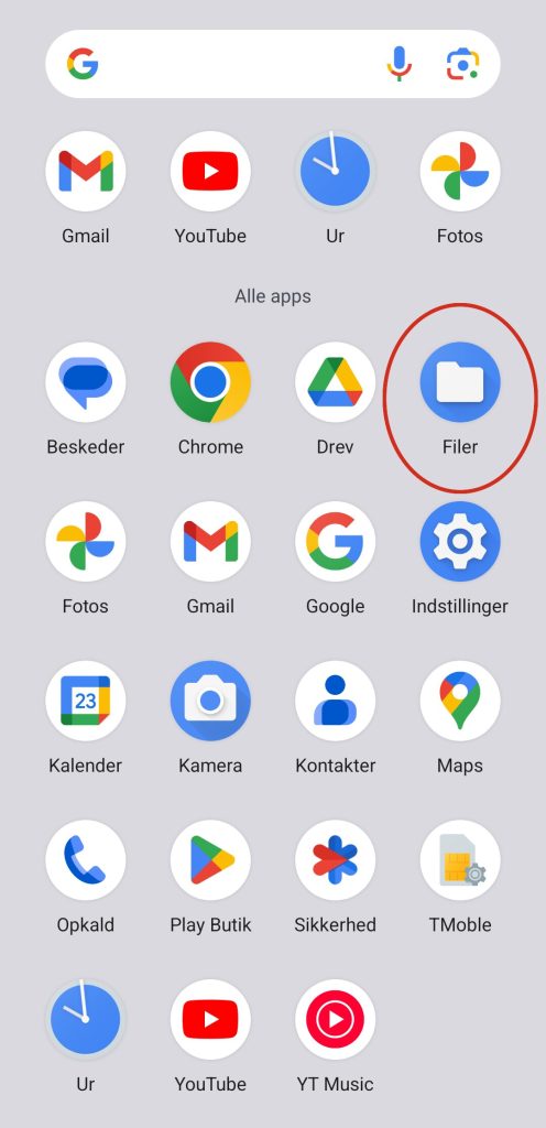 Appoversigten på Android med appen Filer markeret